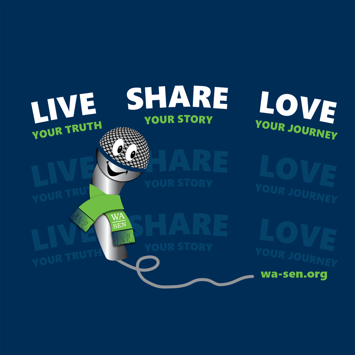 Live your truth. Share your story. Love your journey. With cartoon mic logo.