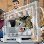 Group of students watching a video with icon overlay